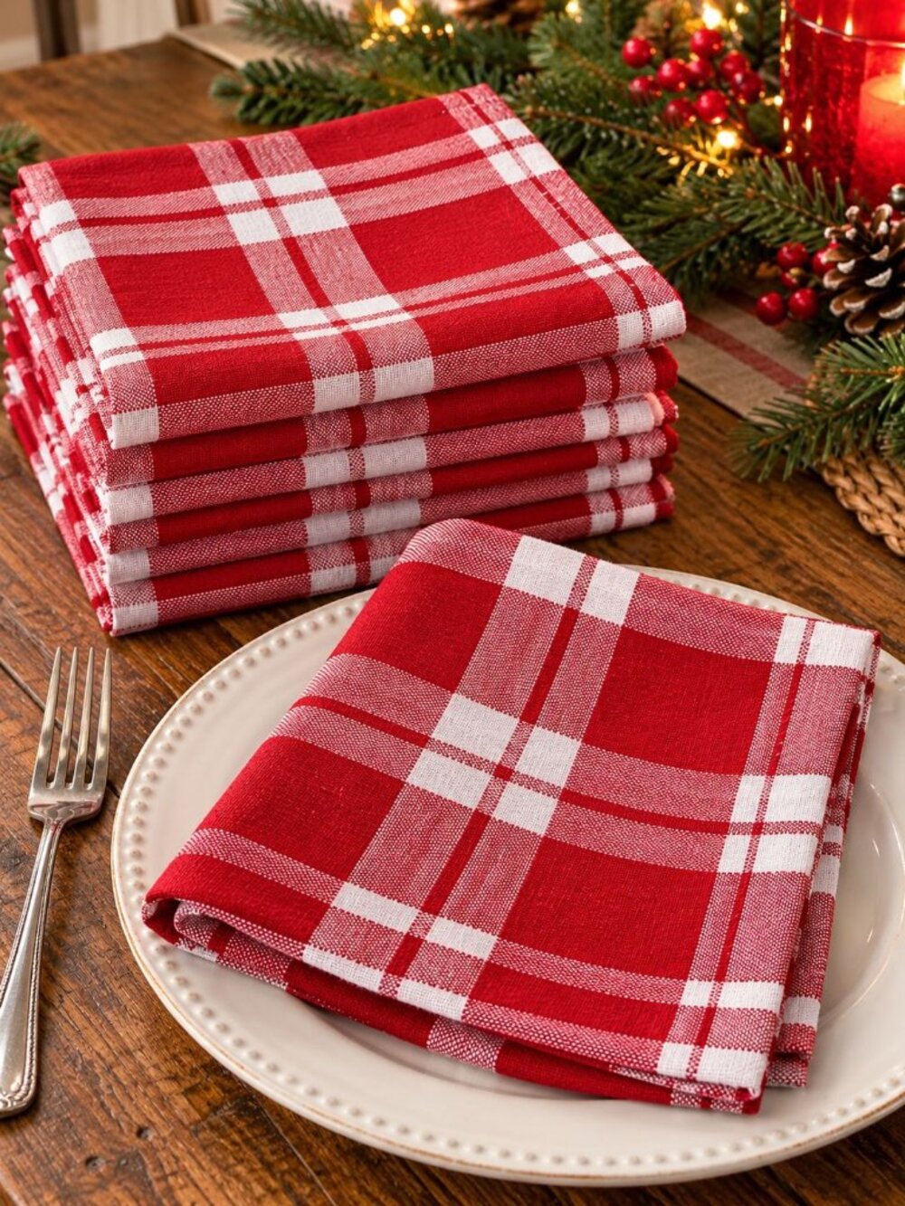 Peppermint Place Set Of 8 Red White Buffalo Check Festive 18in x 18in Napkins